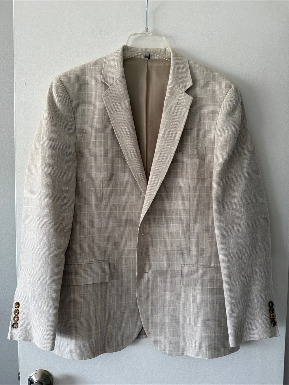 J. Crew Thompson Linen Blazer 42R Beige Glen Plaid Sport Coat Suit Jacket Mens